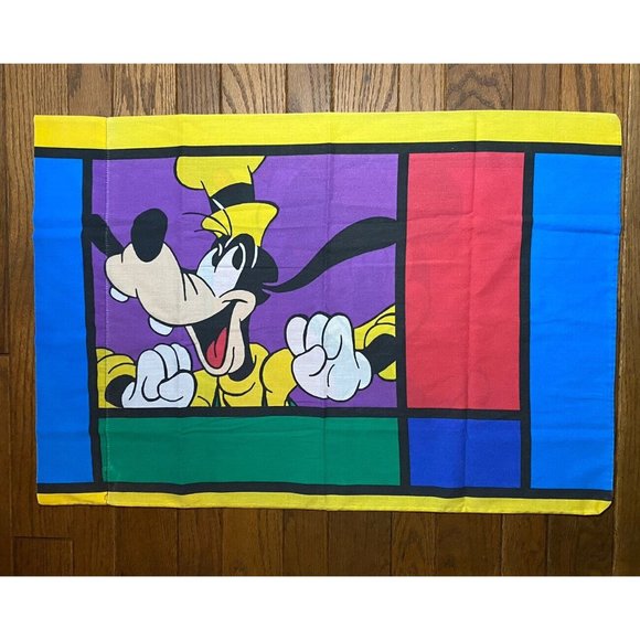 Vtg 90's Disney Mickey Mouse Goofy Color Block Pillowcase Made in USA 29 X 20 - Picture 2 of 3